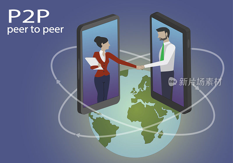 P2P P2P借贷。两个商人通过移动设备显示器相互交流。